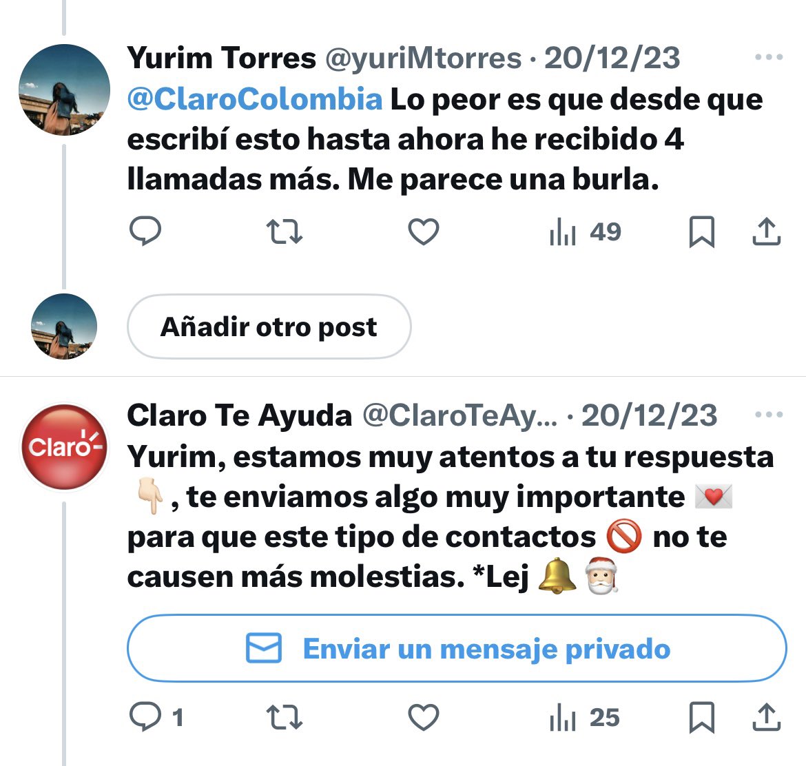yuriMtorres's tweet photo. @ClaroColombia @eljulisoquete Ya se los pasé y por el contrario multiplicaron el acoso. https://t.co/hbZmSaNXP7