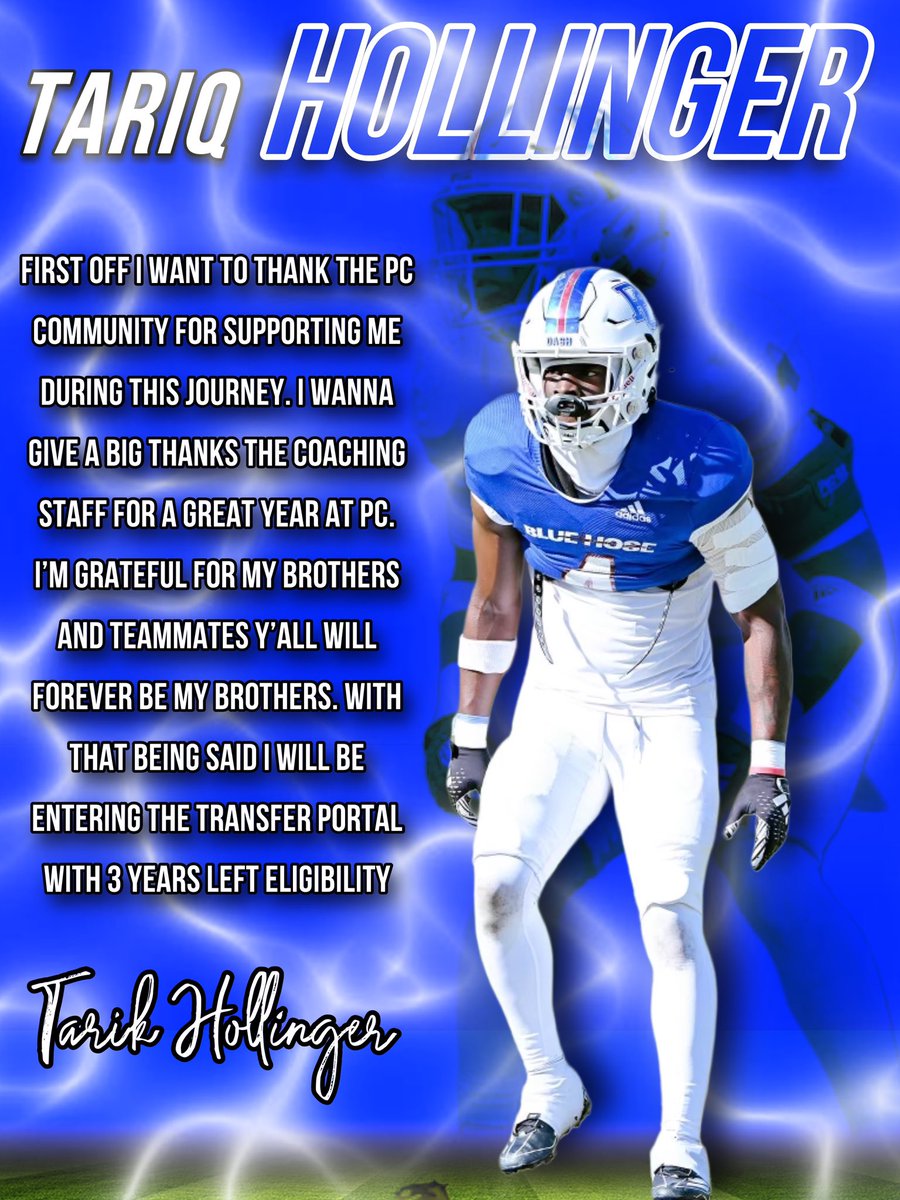 riqhollinger's tweet photo. I will be officially entering the transfer portal with 3 years of eligibility + a redshirt year. 

- 5’11 / (190) DB
- 6 games as a true freshman In fcs
- Reps at every position in the secondary 
Film below ⬇️ https://t.co/pXVBU2ZKu1