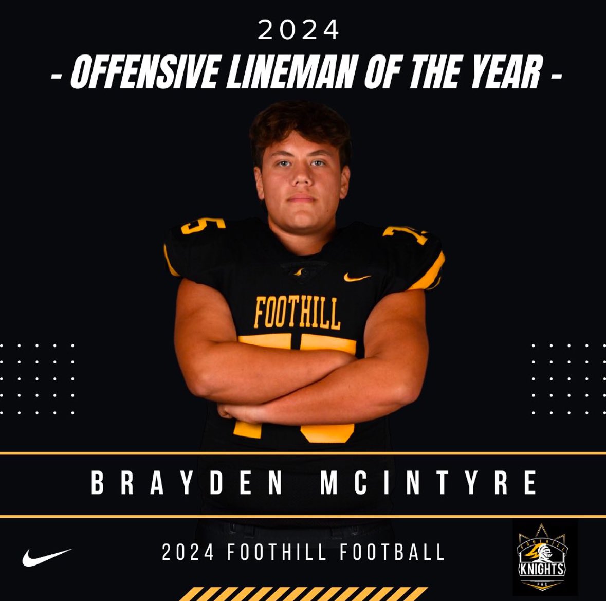 Foothill Football (2024) (@gofoothill) on Twitter photo Congratulations <a href="/B_McIntyre75/">Brayden McIntyre</a> on earning 2024 Offensive Lineman of the Year #SkoKnights Congratulations <a href="/B_McIntyre75/">Brayden McIntyre</a> on earning 2024 Offensive Lineman of the Year #SkoKnights