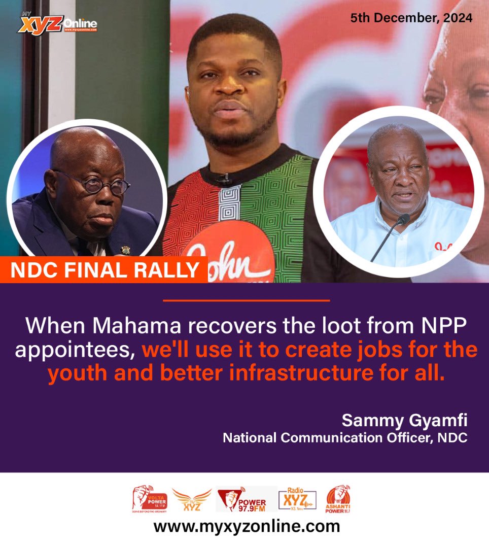 tvxyzghana's tweet photo. When Mahama recovers the loot from NPP appointees, we'll use it to create jobs for the youth and better infrastructure for all β Sammy Gyamfi, National Communication Officer, NDC
#NDCFinalRally #TheNSS #Election2024 https://t.co/Y8txwP5FWN