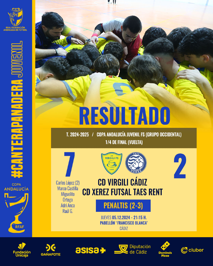 CDVirgiliCadiz's tweet photo. #CanteraPanadera | ¡Orgullo absoluto por este equipo! 💥💪

Remontar un 7-2 en contra y llevar la eliminatoria a los penaltis fue pura épica. Luego salió cruz, pero habéis demostrado coraje y corazón.

Enhorabuena CD Xerez Futsal...

¡SEGUIMOS! Esto es el CD Virgili Cádiz! 💛💙 https://t.co/GoPLRv5Jqk