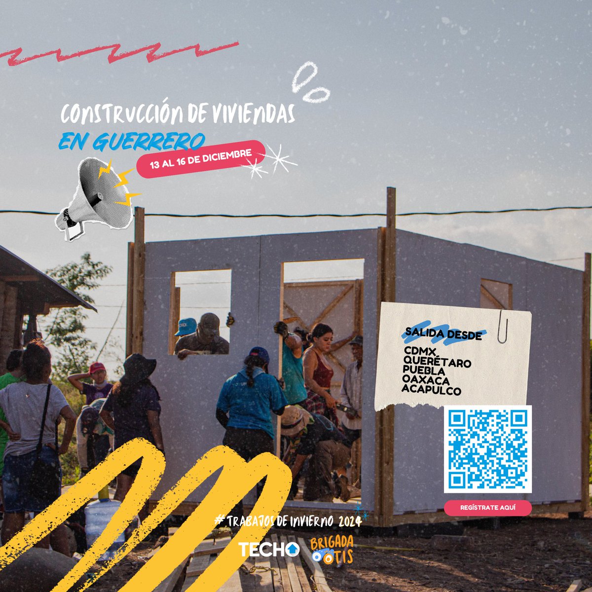 Brigadaotis's tweet photo. Del 13 al 16 de diciembre, únete en Ejido Viejo, Guerrero, para construir viviendas de emergencia y sistemas de captación de agua para familias afectadas con @TECHOmx 🏠💪

Incluye: Seguro médico y experiencia comunitaria.

📲 Inscríbete: https://t.co/oBaSTCb0kQ https://t.co/fCkIGCACmx