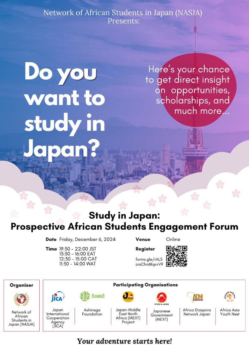 Bathsheba18's tweet photo. Network of African Students in Japan (NASJA) invites you for a zoom engagement for prospective African Students Engagement Forum.
#JapanScholarships #EducationOpportunitiesforAfricanstudents #NASJA https://t.co/RNBg6TcKG9