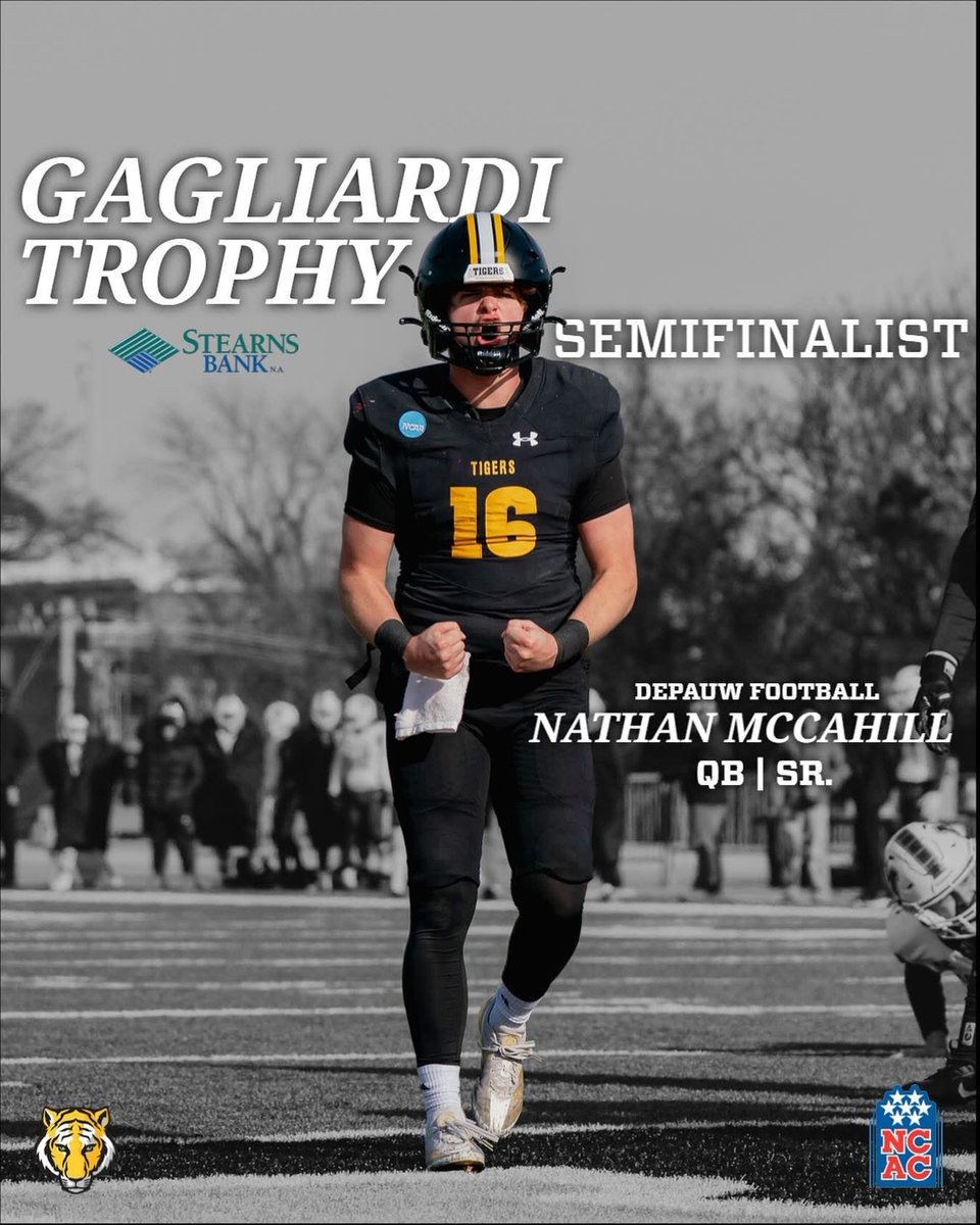 Congratulations to @depauwtigersfb senior QB Nathan McCahill for being selected as 1 of the 18 semifinalists for the 2024 Gagliardi Trophy Presented by @stearnsbank . 

Vote for McCahill by clicking the link in our bio or in the link below!

surveymonkey.com/r/XJS2QJ5