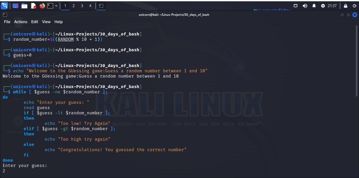 cyber_with_tega's tweet image. Day 5
#30daysofbashscripting 
@Akintunero 
This was quite challenging
I have some more digging to do

I learnt how to create a script for a guessing game using while loop

Used for loop to create a multiplication table and iterate through a list of files to display their sizes