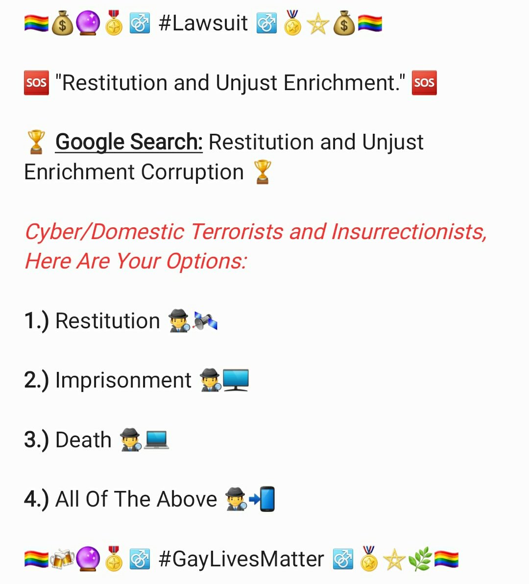 EjaeWild's tweet photo. ⚣🏆📲 I ❤ Being A Gay Male Cyber Spy! 📲🏆⚣

🆘️🖥 "Restitution and Unjust Enrichment." 💻🆘️

Tap or click on the link below!
👇
https://t.co/4Y2CSXX4BU 📚☎️

🗺
👑
🕵️‍♂️
🏅
🏝

🏳️‍🌈🔮📧💰💳⛤🏳️‍🌈
#GayWatchdog
#GayWhistleblower
#Lawsuit
#GayInformant
#GayBillionaire
🏳️‍🌈🍻🎖🛰🧾🌿🏳️‍🌈 https://t.co/dsFEumQfWU