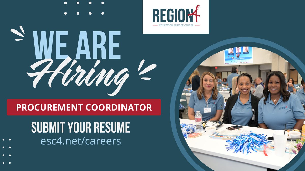 Region4ESC's tweet photo. We're Hiring! Join the Region 4 ESC team as a Procurement Coordinator and lead efforts to optimize procurement operations, ensure compliance, and foster efficiency in delivering quality products and services.

What You'll Do:
• Manage procurement processes, including contracts, P-Card programs, and e-procurement solutions.
• Manage public bid processes and vendor evaluations
• Ensure compliance with federal, state, and local regulations.
• Assist in supervising and growing a high-performing team

What We're Looking For:
• Bachelor’s degree in business, finance, or a related field.
• 4+ years of experience in procurement or contract management (public sector preferred).
• Strong skills in contract negotiation, compliance, and technology-driven workflows.
• TASBO certification and supervisory experience are a plus!

💡 Why Join Us? At Region 4 ESC, you’ll work alongside a dedicated team committed to empowering educators and school districts. Be part of a dynamic environment where your contributions truly make a difference! Explore our outstanding employee benefits at https://t.co/Rg0he6gSH7.

📌 Apply now at https://t.co/E6whkozP2e to make an impact! https://t.co/Aann0a1Ccp