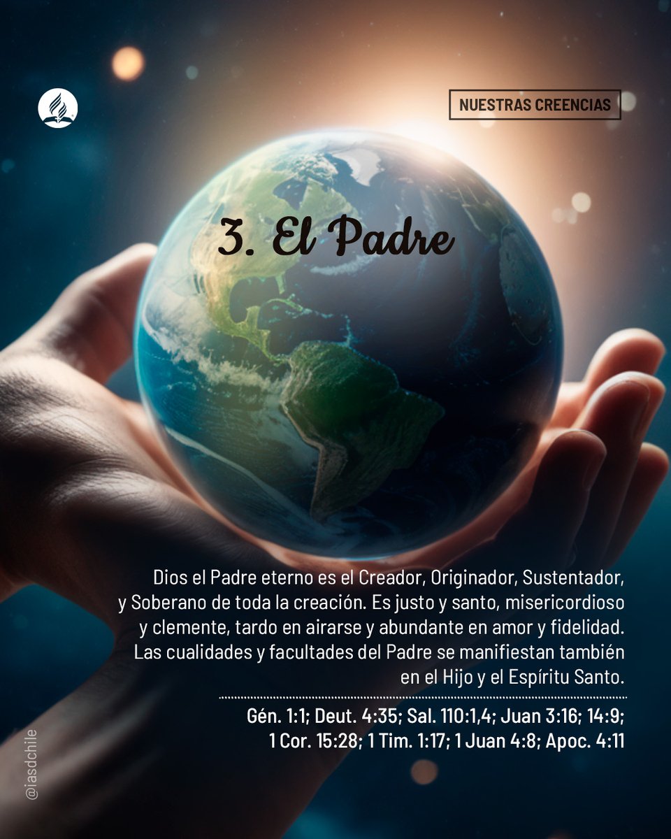 iasdchile's tweet photo. Dios el Padre eterno es el Creador, Originador, Sustentador y Soberano de toda la #creación Sus cualidades y facultades se manifiestan también en el Hijo y el Espíritu Santo. A través de #Jesucristo Dios encarnado, obtenemos una vislumbre del Padre, pues vino al mundo a revelarlo https://t.co/GhcJMcP2dC