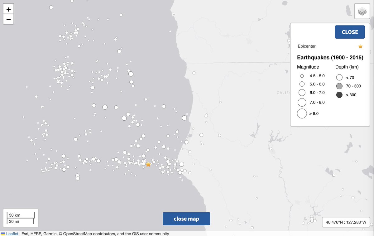 USGS_Quakes's tweet photo. Earthquakes are relatively common near the Mendocino triple junction. There have been >40 earthquakes of M6 or larger in the past century within 150 miles of the 12/5/2024 earthquake. Most recently, an M6.4 occurred in December 2022 and an M6.2 in December 2021. Read more at: https://t.co/EOSxPvVxZ3
