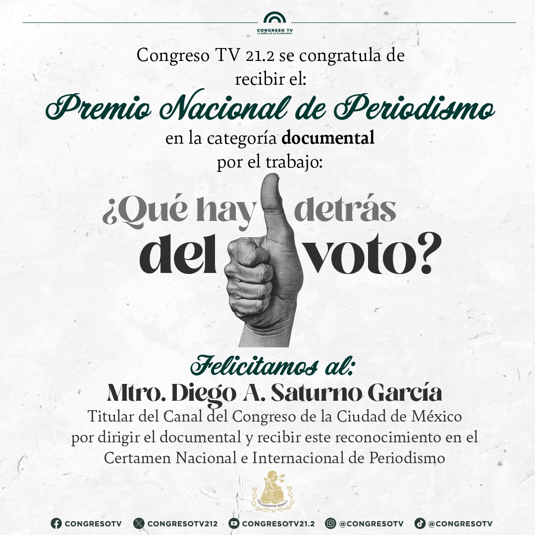Congreso Tv (@congresotv212) on Twitter photo Esta mañana el Titular del Canal del Congreso de la Ciudad de México, <a href="/DiegoSatur/">Diego Saturno</a>, recibió el #PremioNacionaldePeriodismo por el documental "¿Qué hay detrás del voto?" <a href="/congresotv212/">Congreso Tv</a>
👏👏 📺📽
🎞️ youtu.be/t77SE8zciCo
#Comunicaciónymedios #CongresoTv #congresotv212 Esta mañana el Titular del Canal del Congreso de la Ciudad de México, <a href="/DiegoSatur/">Diego Saturno</a>, recibió el #PremioNacionaldePeriodismo por el documental "¿Qué hay detrás del voto?" <a href="/congresotv212/">Congreso Tv</a>
👏👏 📺📽
🎞️ youtu.be/t77SE8zciCo
#Comunicaciónymedios #CongresoTv #congresotv212