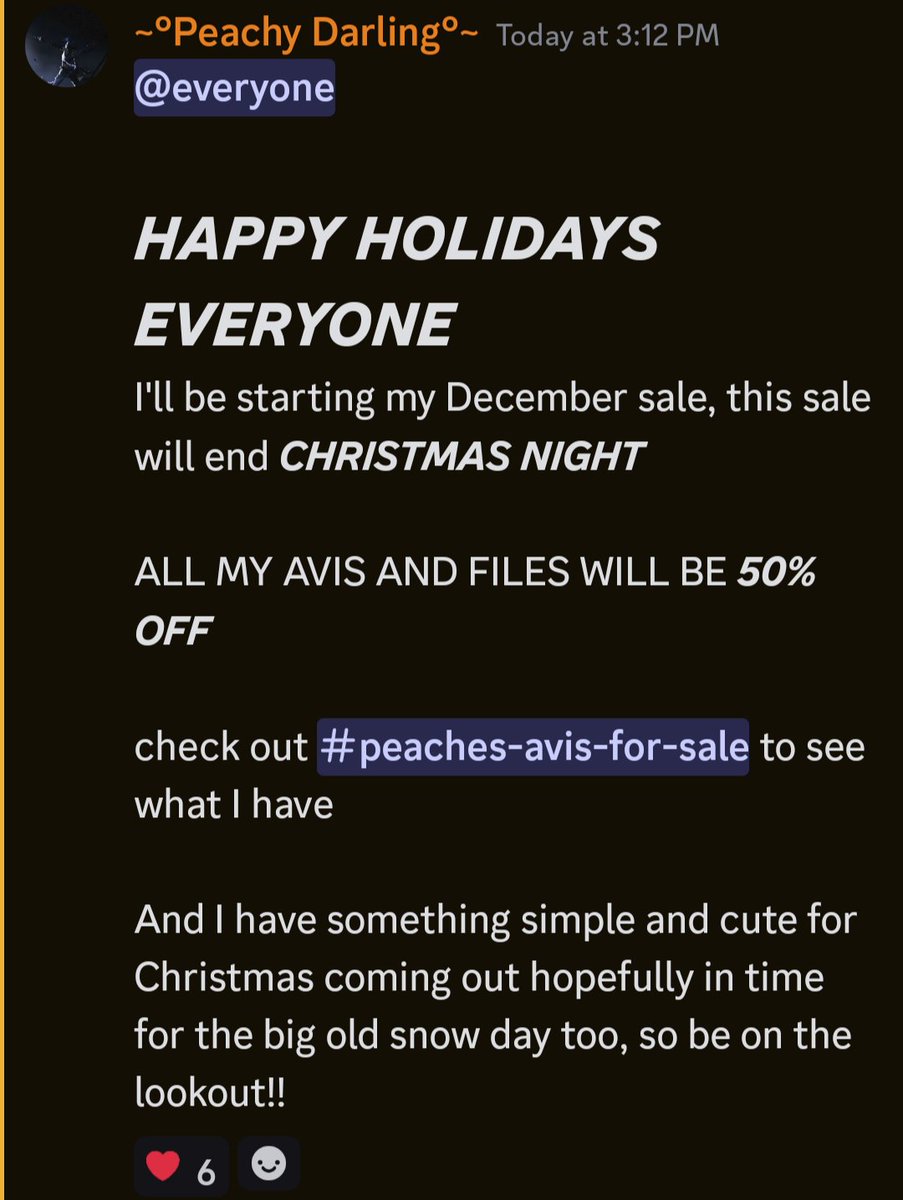 PeachyyDarlingg's tweet photo. Got a new sale going on!

50% off all Avis, ending Christmas night!

DM me on discord or make a ticket in my server to purchase! https://t.co/GLbk4owDKM
