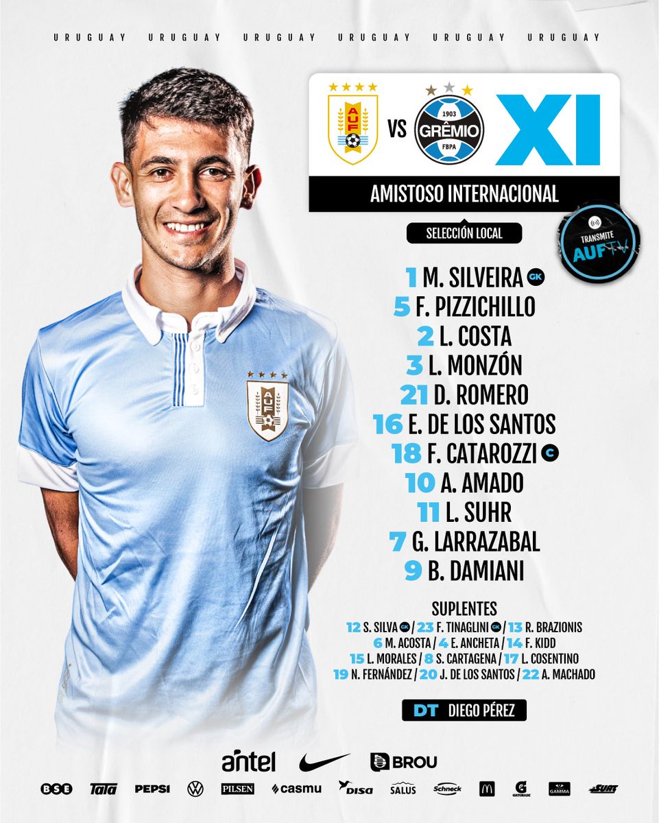 Uruguay's tweet photo. ☑️ 𝙊𝙉𝘾𝙀 𝘾𝙊𝙉𝙁𝙄𝙍𝙈𝘼𝘿𝙊

Los elegidos de Diego Pérez para que la Local enfrente a Gremio en Rivera. 

🕘 21h
🏟️ Estadio Atilio Paiva
📺 https://t.co/qVMBrYJR1J 
🎟️ https://t.co/vqqqTqsNYg 

#ElEquipoQueNosUne https://t.co/Y7YUnqMooT