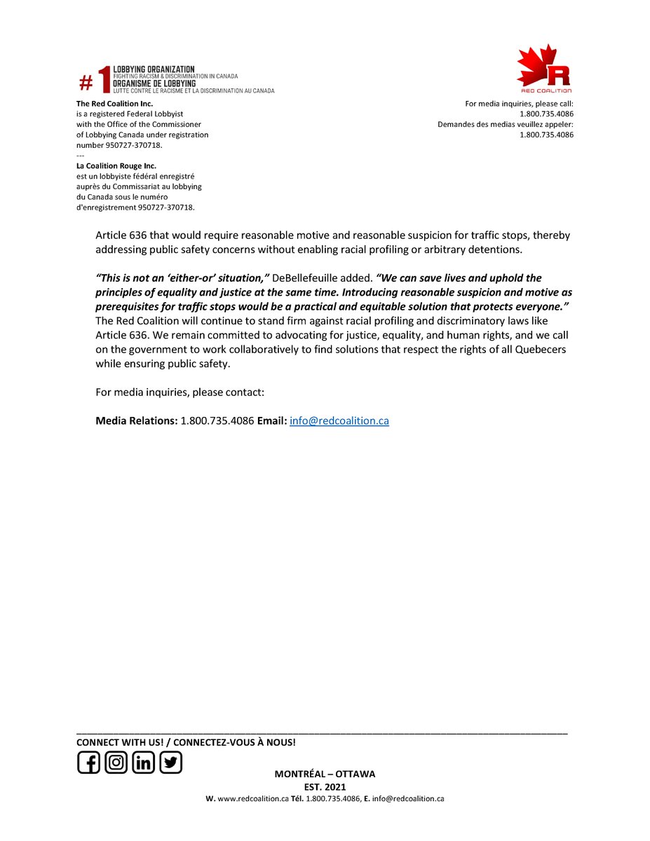 **Official Statement**
The Red Coalition Responds to Quebec Government's Decision to Appeal Court Ruling on Article 636 to the Supreme Court of Canada.
“The CAQ government knows full well that the courts have concluded Article 636 is a discriminatory law. By choosing to defend it