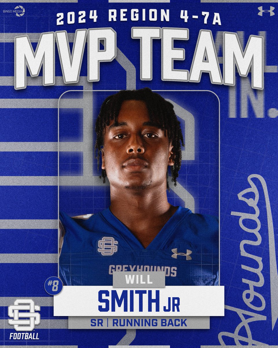 REGION 4-7A MVP TEAM HONORS

Our next Greyhound on the Region 4 MVP Team is Senior RB, Will Smith! RB1 finished 2nd in 7A in rushing yards with 1,337 and 13 total TDs! Will finished with more than 3,500 all purpose yards and 41 TDs for his career! #ALLiN