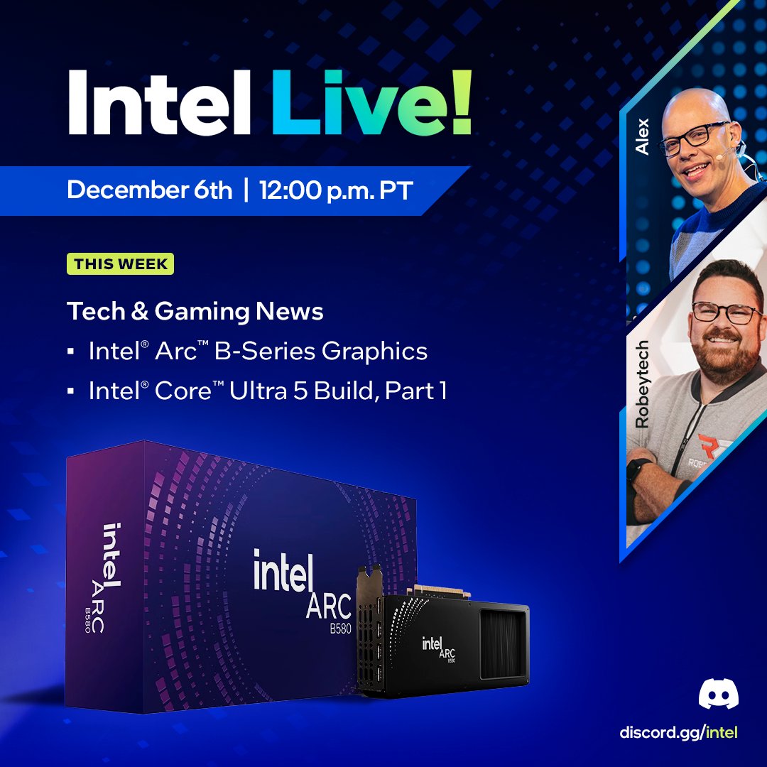 IntelGaming's tweet photo. BIG news this week, and we have you covered on all of it! 

Join us for Intel Live! as we cover all the latest #IntelArc B-Series graphics reveal, start on an #IntelCoreUltra PC build and dive into @AshesOfMankind_! 

See you tomorrow! 👇 
https://t.co/PtK1wNfSu2 https://t.co/g63lVUlyA1