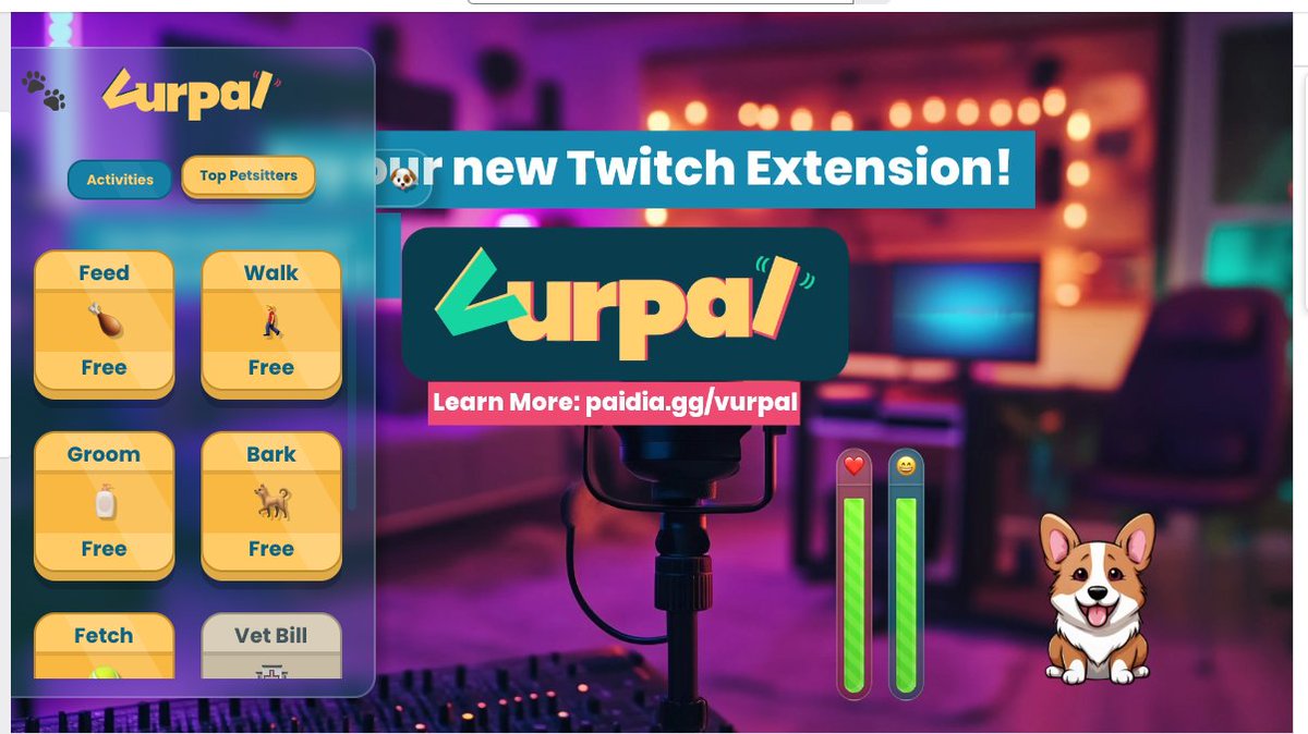 We just released our very first TWITCH EXTENSION! 
VurPal - your stream pet! 
Come try it out by taking care of our pet Corgie named Alfie!
twitch.tv/paidiagaming