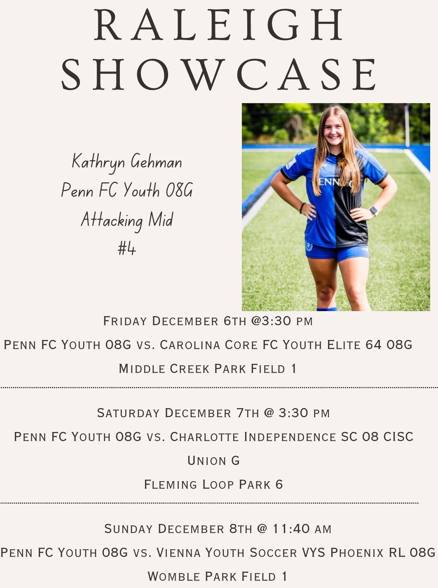 Kathryn Gehman (@kathryngehman4) on Twitter photo This weekend me and my team <a href="/PennFCYouth/">PennFC Youth</a> are heading to Raleigh North Carolina to participate in the Raleigh Showcase. I can’t wait to get back on the field with my team again after a good high school season! Let’s go girls! This weekend me and my team <a href="/PennFCYouth/">PennFC Youth</a> are heading to Raleigh North Carolina to participate in the Raleigh Showcase. I can’t wait to get back on the field with my team again after a good high school season! Let’s go girls!