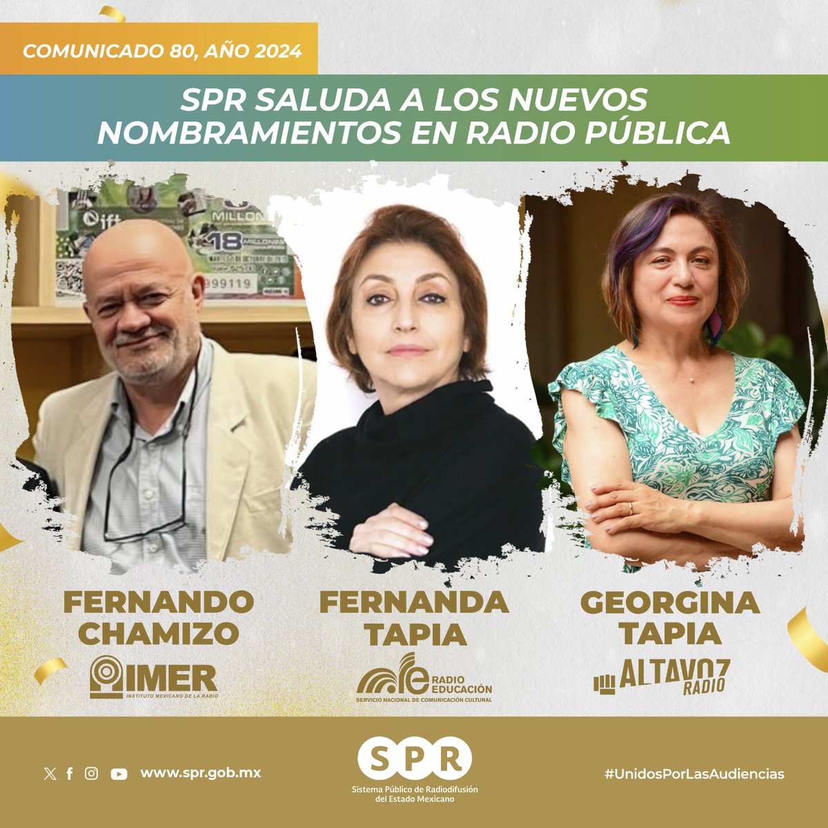 #Comunicado 

El Sistema Público de Radiodifusión del Estado Mexicano (<a href="/SPRMexico/">SPR México</a>) saluda los nuevos nombramientos de Fernando Chamizo (<a href="/FernandoChamizo/">fernando chamizo</a>) como Director del Instituto Mexicano de la Radio (<a href="/imerhoy/">IMER</a>); Fernanda Tapia (<a href="/TapiaFernanda/">Fernanda Tapia‏</a>) como Directora General de de