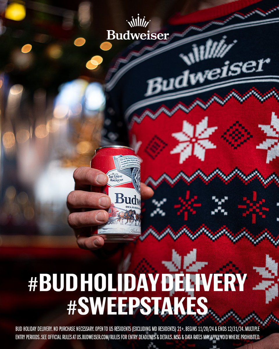 budweiserusa's tweet photo. Stay warm while you drink cold Buds. 

Comment #BudHolidayDelivery #Sweepstakes to enter for your chance to win a Bud holiday sweater. https://t.co/knzbsP1v0D