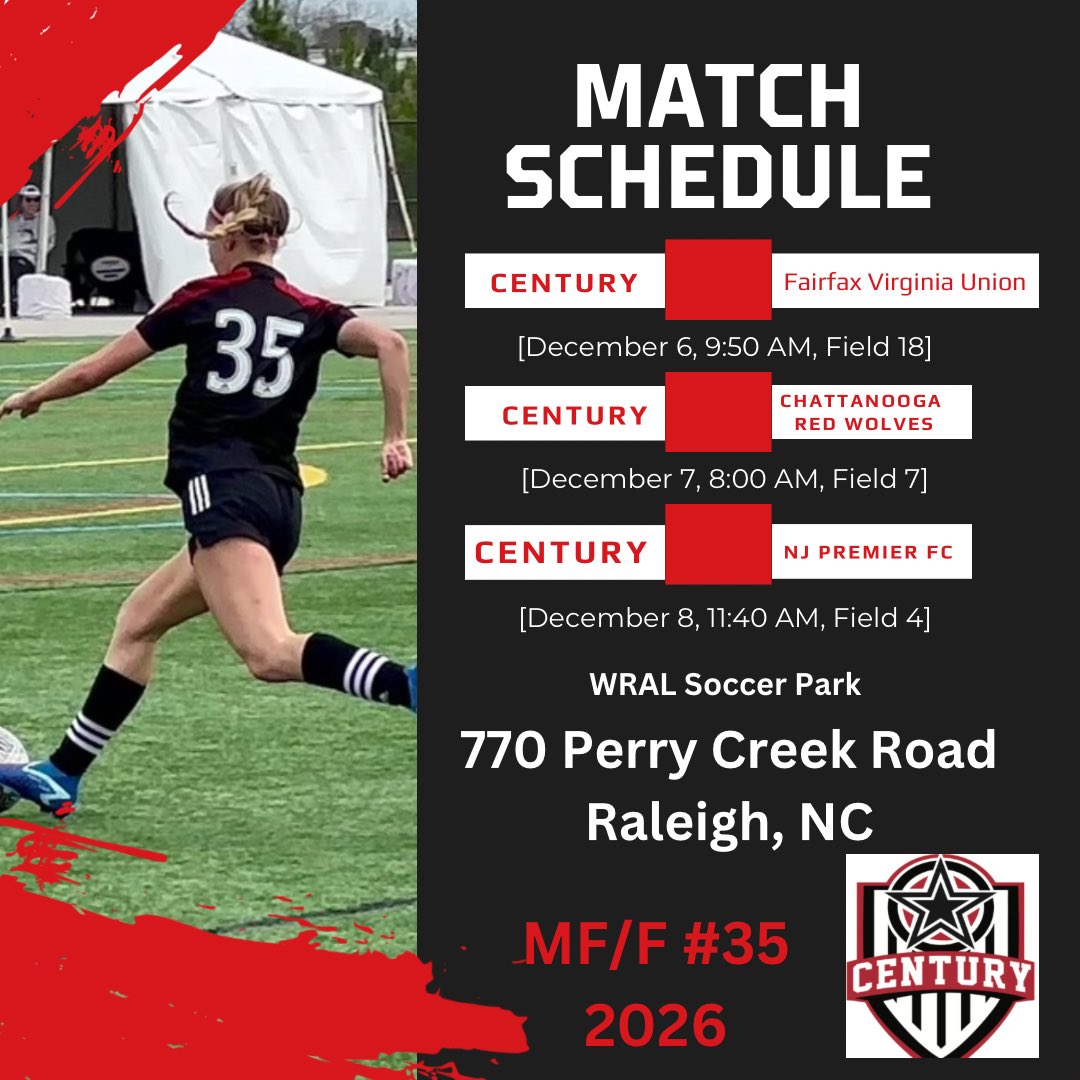 Next up, <a href="/NCFC_Youth/">NCFC Youth</a> Showcase in Raleigh North Carolina. Can’t wait to compete with my team! <a href="/Century_Utd/">Century United</a> <a href="/CoachEMarshall/">Erica Marshall</a> <a href="/ImYouthSoccer/">ECNL/GA/Recruiting/College Soccer</a> <a href="/ImCollegeSoccer/">College Soccer Truth ™</a> <a href="/TheSoccerWire/">SoccerWire</a> <a href="/TopDrawerSoccer/">TopDrawerSoccer</a>