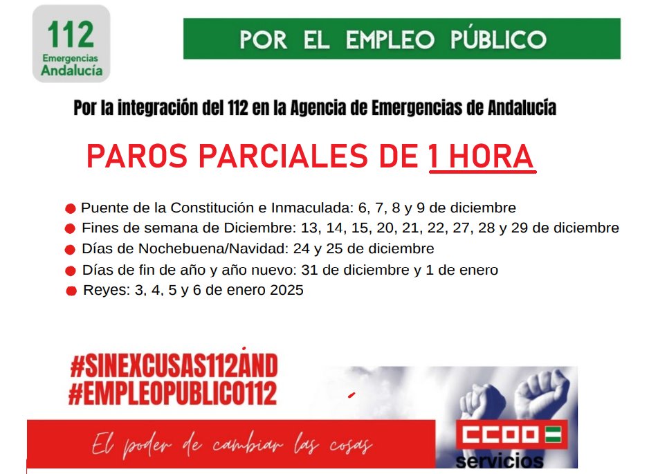 📢 <a href="/112ANDALUCIARLT/">EMERGENCIAS 1-1-2 ANDALUCÍA CCOO</a> convoca a tod@s los trabajadores del #112Andalucía a 🅿🅰🆁🅾🆂 🅿🅰🆁🅲🅸🅰🅻🅴🆂
de una hora por la negativa de <a href="/InteriorJunta/">Consejería Presidencia, Interior, Diálogo Social</a> y <a href="/antoniosanz/">Antonio Sanz Cabello</a> a integrar a la plantilla del 🆘1️⃣1️⃣2️⃣☎️ en la #ASEMA‼️

✊🏻✊🏻 MOVILIZACIÓN y lucha‼️

Empezamos!!!