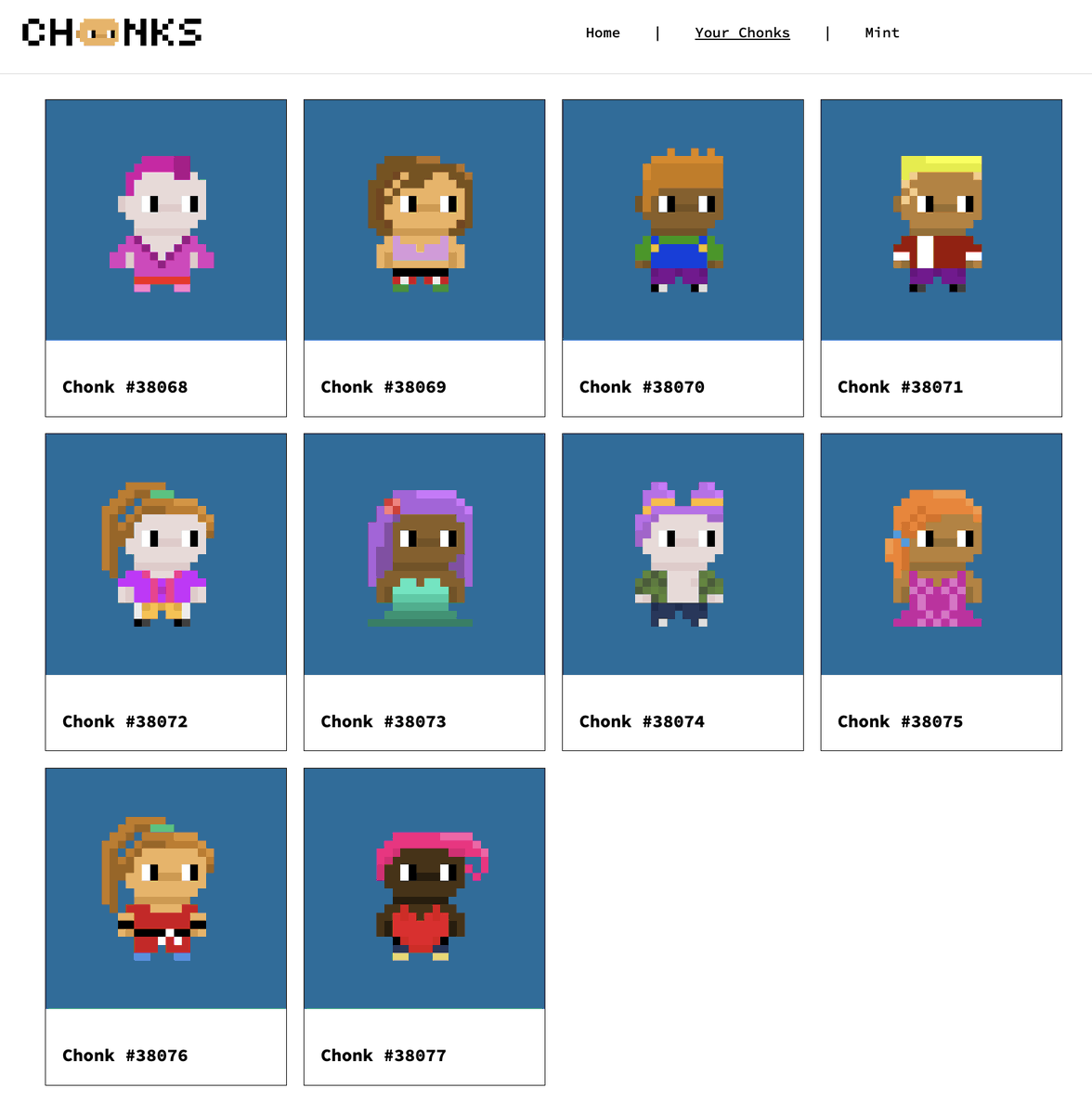 marka_eth's tweet photo. you can view all your chonks on the site now

chonks[.]xyz/profile

then click on a chonk where you'll then be able to equip/unequip

chonks get auto-equipped with shoes, bottom, top &amp; hair https://t.co/4F466YSkAt