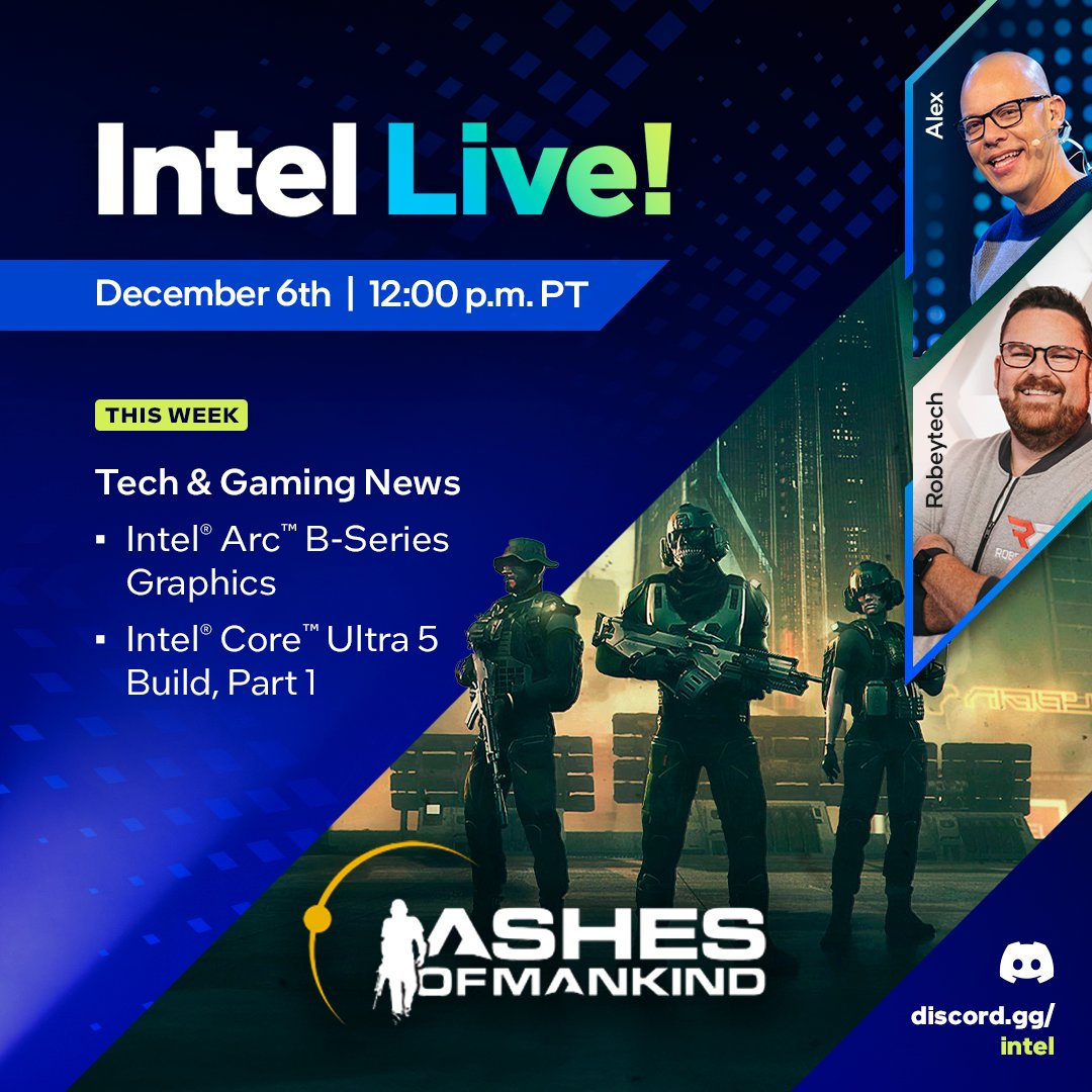 The Citadels meet cutting-edge tech! 🛡️ 

Tomorrow, we join <a href="/IntelGaming/">Intel Gaming</a>, @Robeytech, and <a href="/LexHoyos/">Lex</a> on Intel Live for BIG news. Witness the #IntelArc B-Series graphics reveal, an #IntelCoreUltra PC build, and a deep dive into the world of #AshesOfMankind.

Prepare yourselves,