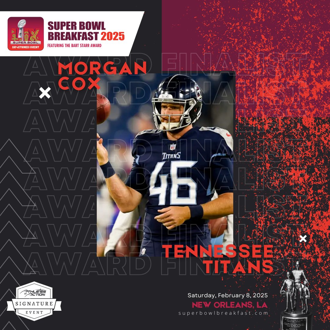 Tennessee Titans (@titans) on Twitter photo Titans long snapper <a href="/morgancox46/">Morgan Cox</a> is one of 10 finalists for the 2025 Bart Starr Award, honoring those who exhibit outstanding character, integrity and leadership on and off the football field 👏 Titans long snapper <a href="/morgancox46/">Morgan Cox</a> is one of 10 finalists for the 2025 Bart Starr Award, honoring those who exhibit outstanding character, integrity and leadership on and off the football field 👏