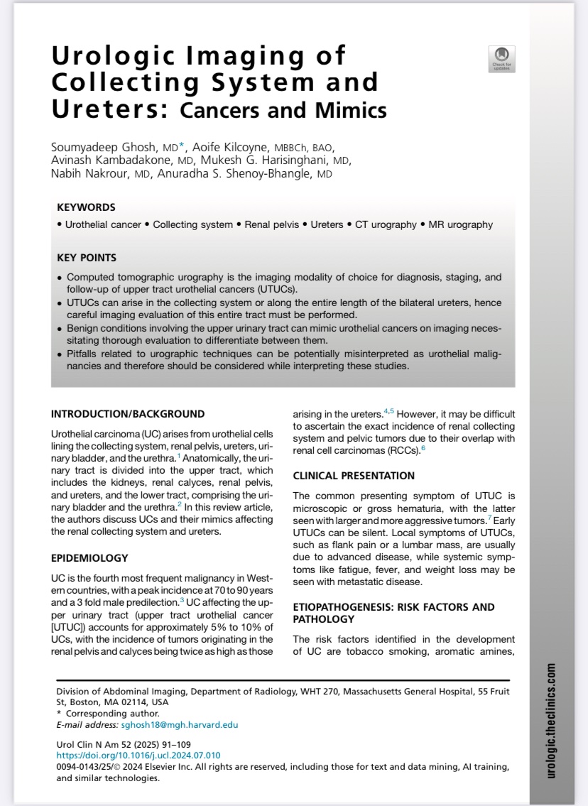 SGhoshMD's tweet photo. Get the updates on #Urologic Tract #Imaging you need in the new issue of Urologic Clinics, edited by Drs. Onofrio Catalano and 
@Mike_Gee8
- our newly published clinical review article on “Collecting system and Ureters: Cancers and Mimics” at https://t.co/1hvm1MMxIE https://t.co/xOLBa9fQ9v