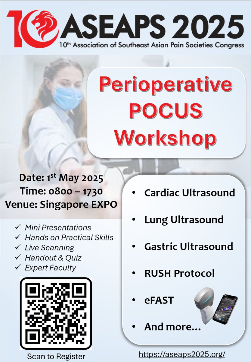 Perioperative #POCUS Workshop in Singapore.
Visit aseaps2025.org for more information.

<a href="/pritanand/">Dr Prit Anand Singh</a> <a href="/anaesthesiaNUHS/">NUHS Anaesthesia</a> <a href="/SGSocAnaes/">Singapore Society of Anaesthesiologists</a> <a href="/drdeborahkhoo/">Deborah Khoo</a> <a href="/peikee1985/">Pei Kee Poh</a> <a href="/AoraIndia/">AORA India</a> <a href="/wloh2/">Will Loh</a>