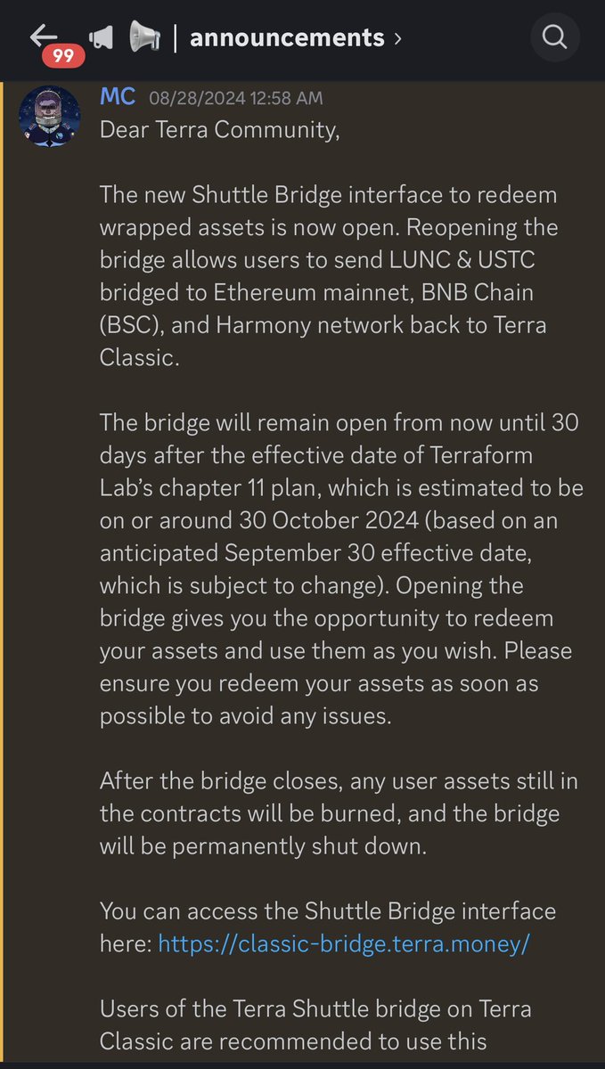 moonshot_army's tweet photo. @Herewegrooow @coinbase @terra_money @zkdomains The validators run the code approved by governance. That code doesn’t censor valid transactions. TFL reopened the shuttle bridge as part of winding down in their Ch 11 bankruptcy for people to claim their assets back to Terra classic. https://t.co/6IYrVAvBeS