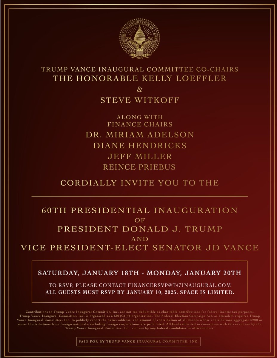 Reince's tweet image. Honored to serve as a Finance Chair and Vice Chair of the Inauguration of President Donald J. Trump and Vice President - Elect Senator JD Vance !