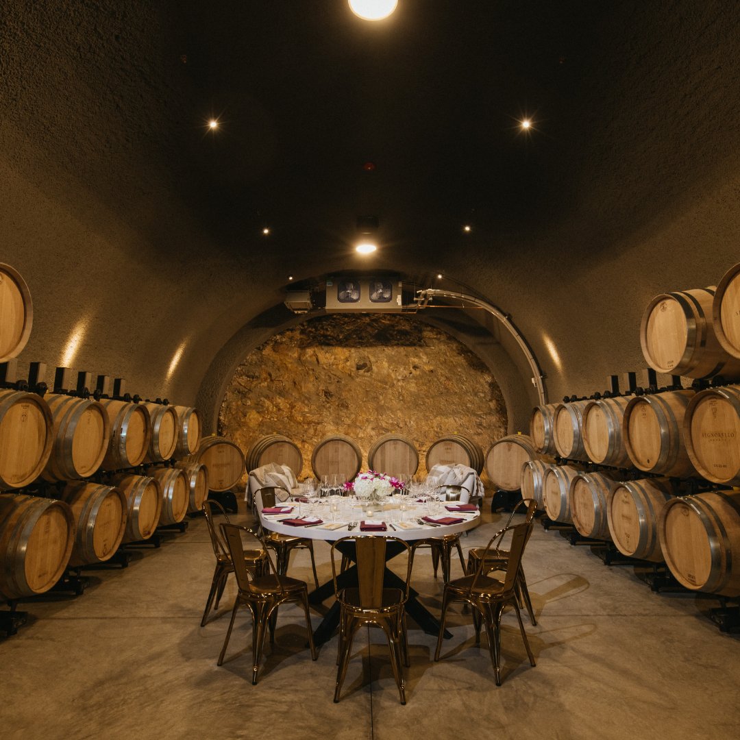 Our Hope’s Chardonnay Cave offers a cozy, exclusive setting for your next intimate event. 🍇 #WineLovers #NapaEvents #SignorelloEstate