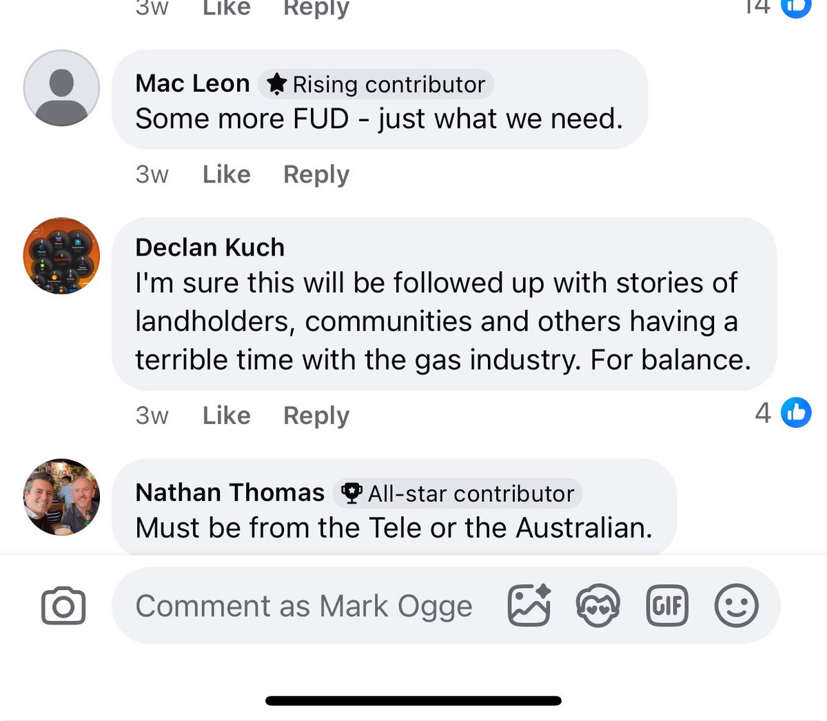 MarkOgge's tweet photo. Hilarious

AFR’s gas lobby glove puppet Angela McDonald Smith went to a popular FB page to find people to complain about solar installs

… but the members were onto her agenda and gave some great responses.

Stick to repeating gas industry talking points Angela, investigative journalism isn’t your thing.