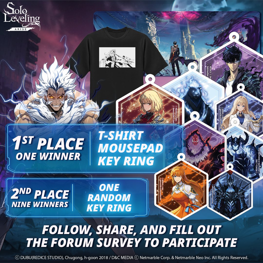 Sololv_ARISE_GL's tweet photo. 🐜December Update Pre-registration Giveaway Event!🎁

Get ready for Jeju Island!
To celebrate pre-registration, we are giving away some awesome Solo Leveling:ARISE swag!💝

💡How to Participate:
1. Follow our page 
2. Share/repost with #SLAJejuUpdate and  @Sololv_ARISE_GL
3. Fill out the survey in the forum: https://t.co/qzuHdzLLYf

🎁 Reward: 
1 National Level Winner: Solo Leveling:ARISE Mousepad x 1, Solo Leveling:ARISE T-Shirt, Random Solo Leveling:ARISE Keyring x 1
9 Lucky Winners: Random Solo Leveling:ARISE Keyring x 1

📆Event Period:
 ~ December 13th 1:00 PM PST

🔥Don't forget to pre-register for some awesome rewards!
https://t.co/i9hK1JM4tR

#SoloLevelingARISE #SLAJejuUpdate