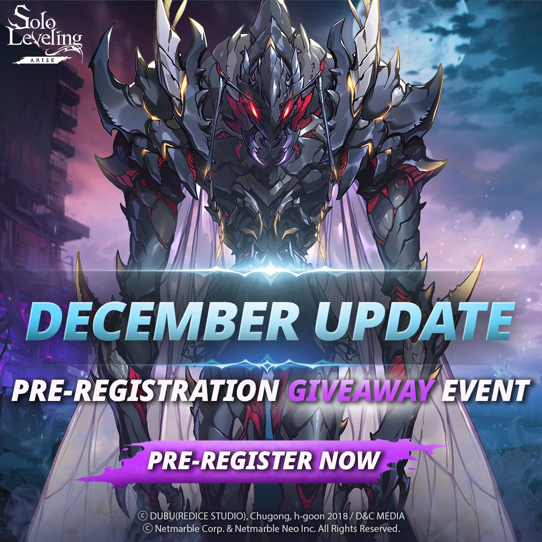 Sololv_ARISE_GL's tweet photo. 🐜December Update Pre-registration Giveaway Event!🎁

Get ready for Jeju Island!
To celebrate pre-registration, we are giving away some awesome Solo Leveling:ARISE swag!💝

💡How to Participate:
1. Follow our page 
2. Share/repost with #SLAJejuUpdate and  @Sololv_ARISE_GL
3. Fill out the survey in the forum: https://t.co/qzuHdzLLYf

🎁 Reward: 
1 National Level Winner: Solo Leveling:ARISE Mousepad x 1, Solo Leveling:ARISE T-Shirt, Random Solo Leveling:ARISE Keyring x 1
9 Lucky Winners: Random Solo Leveling:ARISE Keyring x 1

📆Event Period:
 ~ December 13th 1:00 PM PST

🔥Don't forget to pre-register for some awesome rewards!
https://t.co/i9hK1JM4tR

#SoloLevelingARISE #SLAJejuUpdate