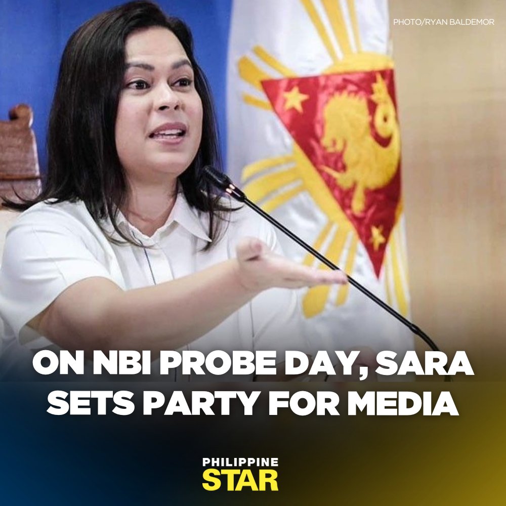 PhilippineStar's tweet photo. Vice President Sara Duterte is throwing a party for the media on the morning of Dec. 11, fueling speculation that she might not show up for a probe set on the same date at the National Bureau of Investigation. https://t.co/ha9nJkJJmX https://t.co/1nTsGR5MYa