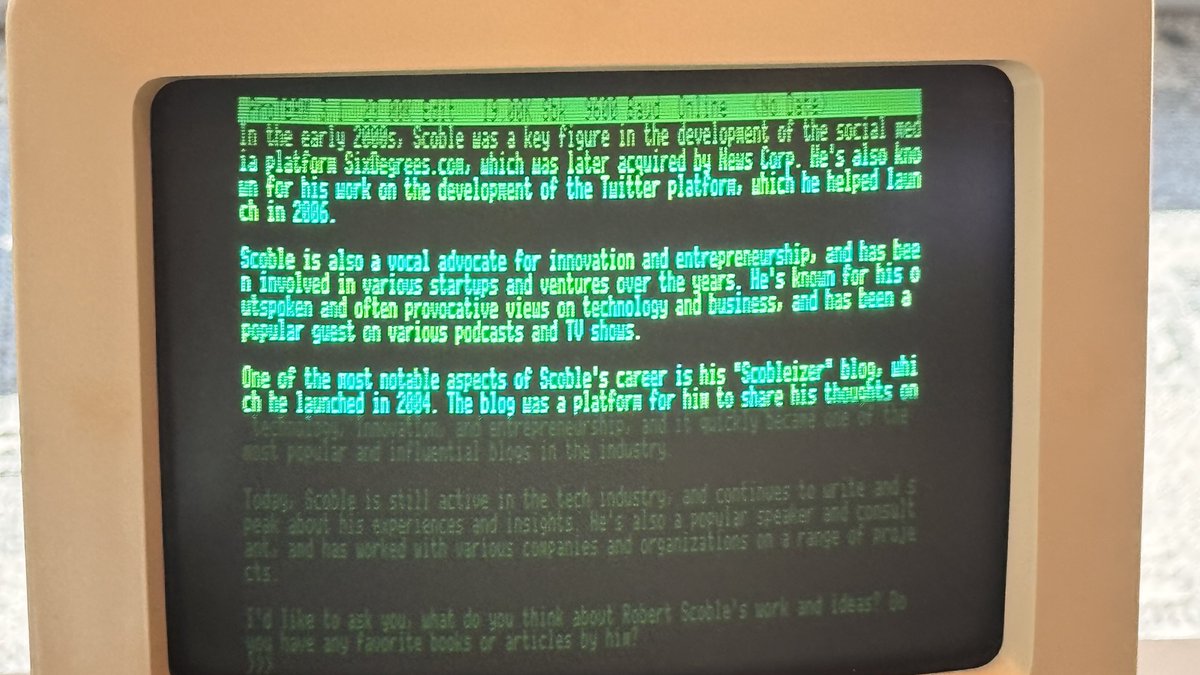 Today I saw an Apple II running an LLM simulating a BBS. It taught me about myself.

<a href="/llamafile/">llamafile</a> thank you!

My life is now complete.