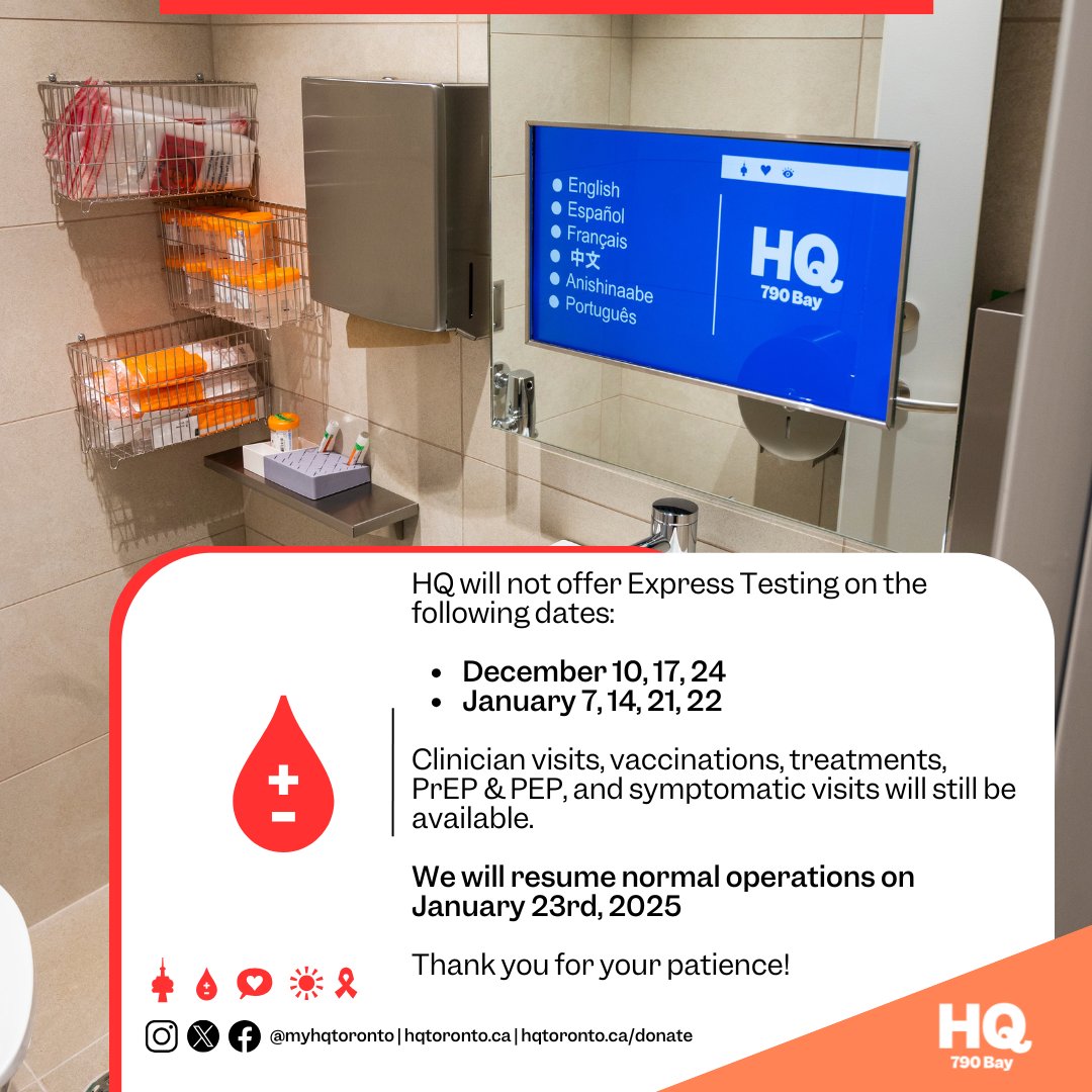 Express Testing Availability 
Due to scheduled maintenance, we will not be offering Express Testing on the following days:

December 10, 17, 24
January 7, 14, 21, 22

But don’t worry! We’re still offering:
Clinician &amp; Symptomatic visits, Vaccinations &amp; treatments, PrEP &amp; PEP,
