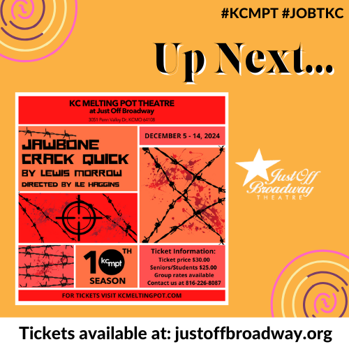 🩸Up next is Jawbone Crack Quick - our.show/KCMPT-JawboneC…

In Jawbone Crack Quick, a couple recovering from a violent home invasion faces new turmoil when a detective uncovers disturbing secrets from the husband’s past.
--- 
#JOBTKC in @kcmoparks | #KCtheatre