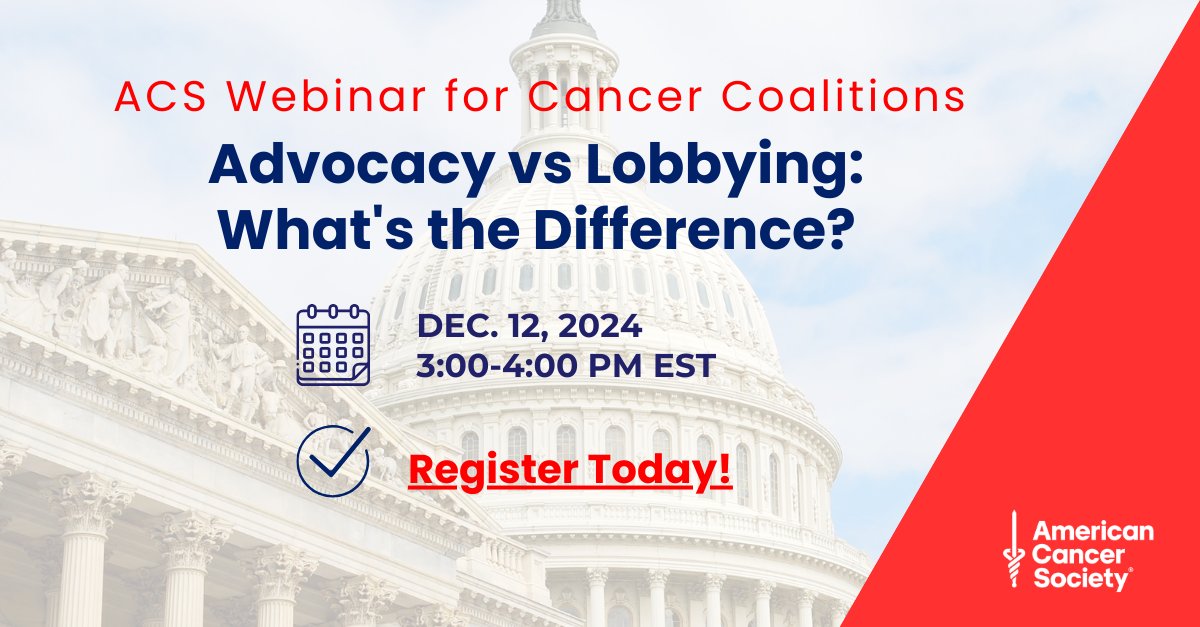 ACSCAN's tweet photo. Join @AmericanCancer to understand the difference between advocacy and lobbying, identify and utilize effective messaging strategies, and identify data sources that can support advocacy efforts in cancer control.
📌Dec. 12, 3-4pm ET | 12-1pm PT
➡️Register: https://t.co/hw0W0lDKJc https://t.co/Eb7tHLwsDI