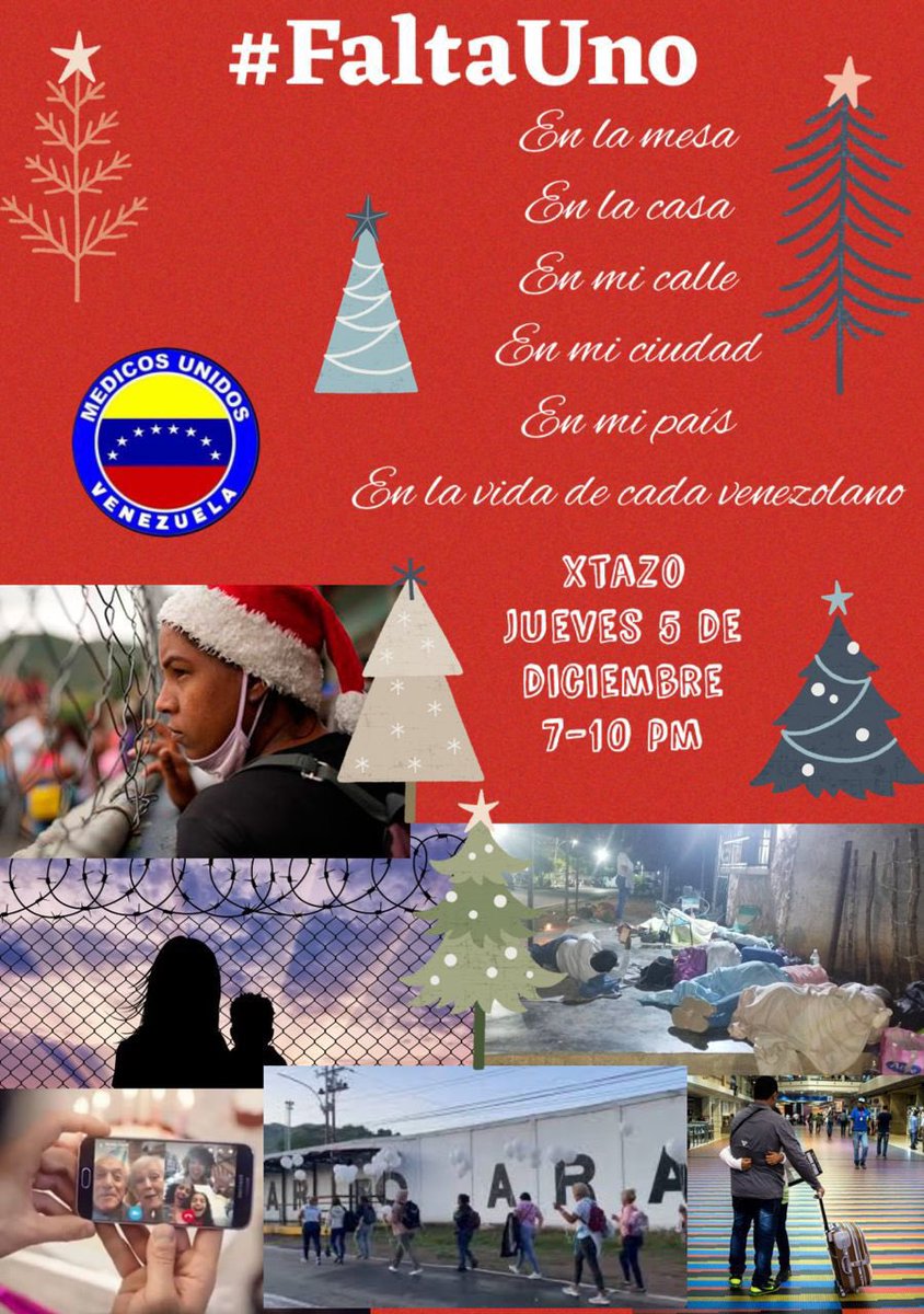 MUVvargas's tweet photo. Una frase que acompaña a tantas familias venezolanas en esta navidad.

Porque salieron del país buscando futuro, seguridad, comida, trabajo, a muchos en nuestras mesas, esta navidad nos, falta uno, porque en el abrazo de fin de año #FaltaUno

*#FaltaUno* https://t.co/nPdmTFgFdD