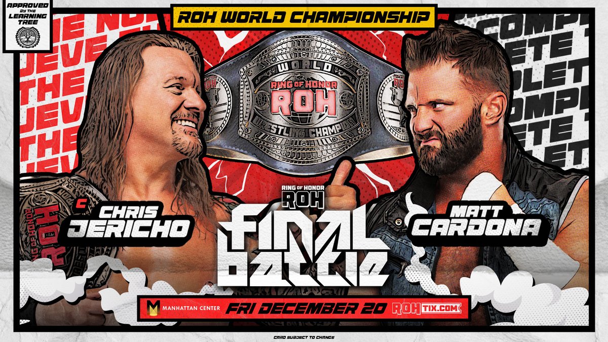 ringofhonor's tweet photo. FRIDAY Dec 20th | Hammerstein Ballroom
@ManhattanCenter | #ROHFinalBattle
https://t.co/jzp8mHNJ5V

ROH World Title
Chris Jericho (c) vs. Matt Cardona

@TheMattCardona answered the challenge as he takes on the #ROH World Champion @IAmJericho at #ROHFinalBattle! https://t.co/PBRsz6OKBk