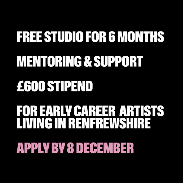 Early-career artist in Renfrewshire? Apply for a FREE 6-month studio residency with stipend, mentoring &amp; public display opportunities! Open to artists &lt;3 years in practice. Apply by Dec 8: jupiterartland.org/art/jupiter-pa… #JupiterPaisley