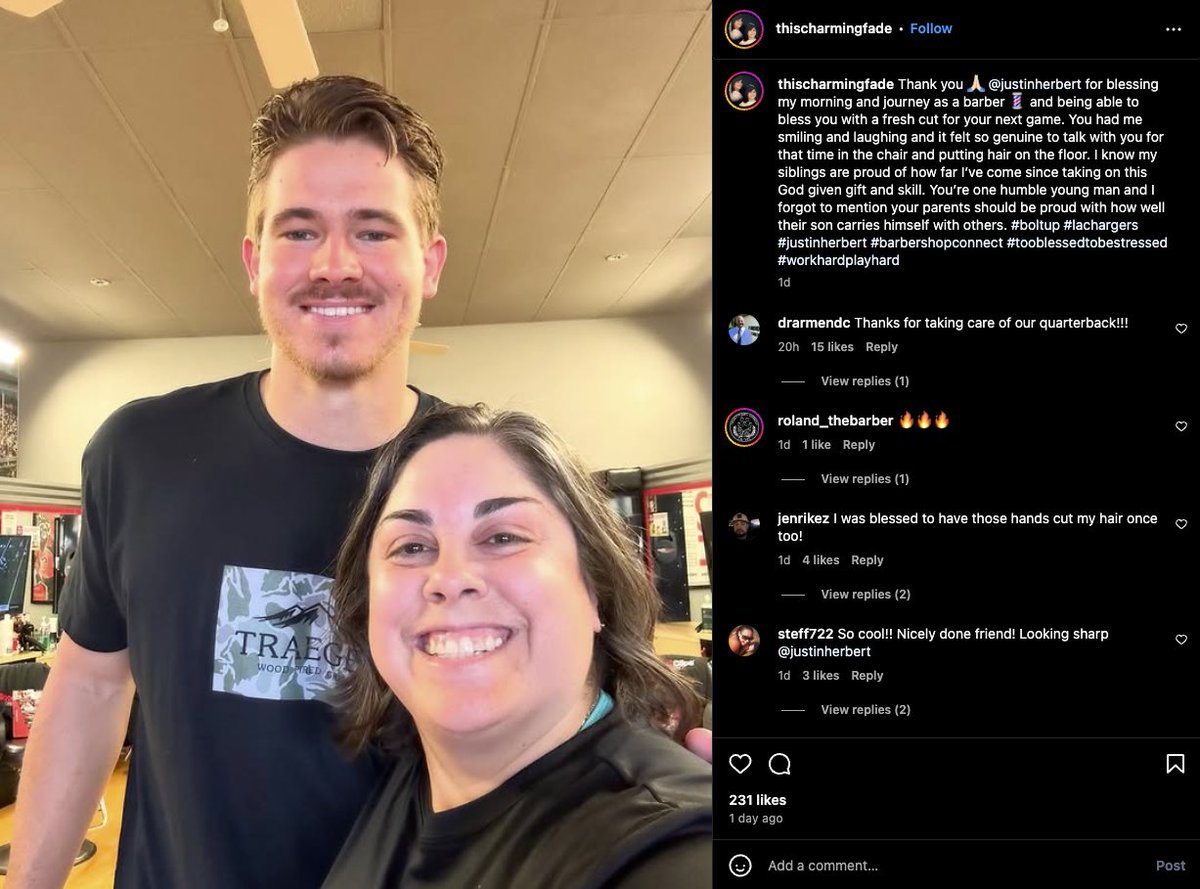 NFL_DovKleiman's tweet photo. Wholesome: #Chargers star QB Justin Herbert got a haircut at his local Sports Clips. His barber says he was extremely humble and made her smile and laugh.

It's clear Justin was raised by great parents!

❤️👏 https://t.co/MBP5ujlNOJ