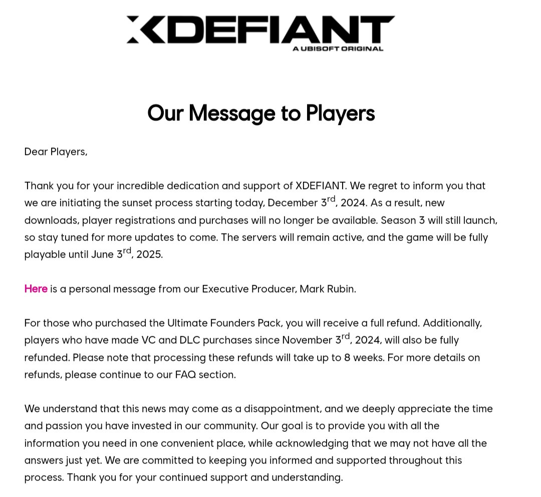 Module29pr's tweet image. Ya es oficial, #xdefiant desactivará sus servidores en junio 3, 2025. Es una lástima, a mi me gusto muchísimo el juego. ¿Llegastes a jugarlo?
Más información: s.mtrbio.com/hagnnyiwgx