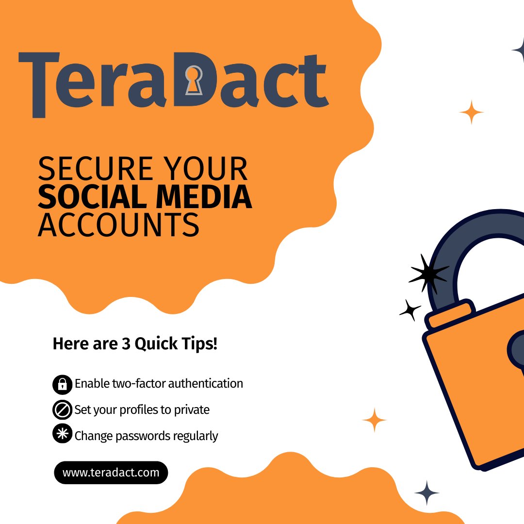 tera_dact's tweet photo. Keep your social media accounts safe with TeraDact!  🛡️

Follow these 3 quick tips:

✔️ Enable two-factor authentication
🔒 Set profiles to private
🔑 Change passwords regularly

Your security matters. Learn how we can protect your data at https://t.co/o1zlD9PGAS.

#TeraDact https://t.co/jLaUjV9Cqn