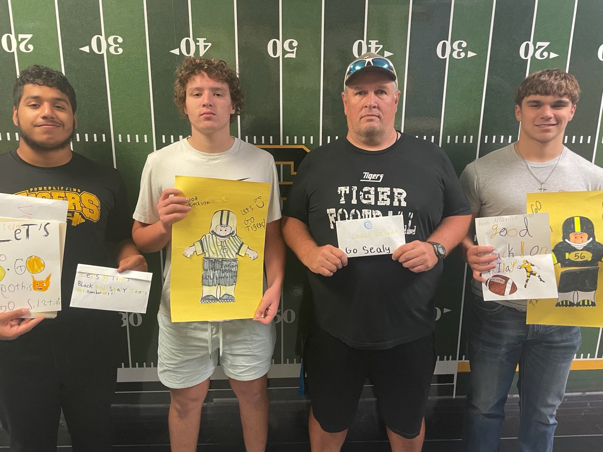 Sealy Tigers Football (@recruitsealyath) on Twitter photo Thanks to Sealy Elementary and Maggie B. Selman Elementary students and faculty for the encouraging words and gifts! Thanks to Sealy Elementary and Maggie B. Selman Elementary students and faculty for the encouraging words and gifts!