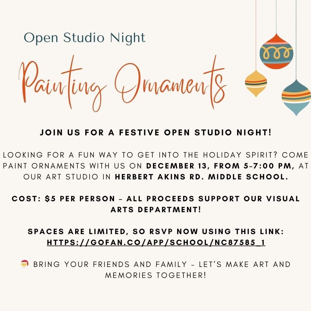 OPEN STUDIO NIGHT! Please come and join us for a festive and fun night painting ornaments! RSVP here gofan.co/app/school/NC8…