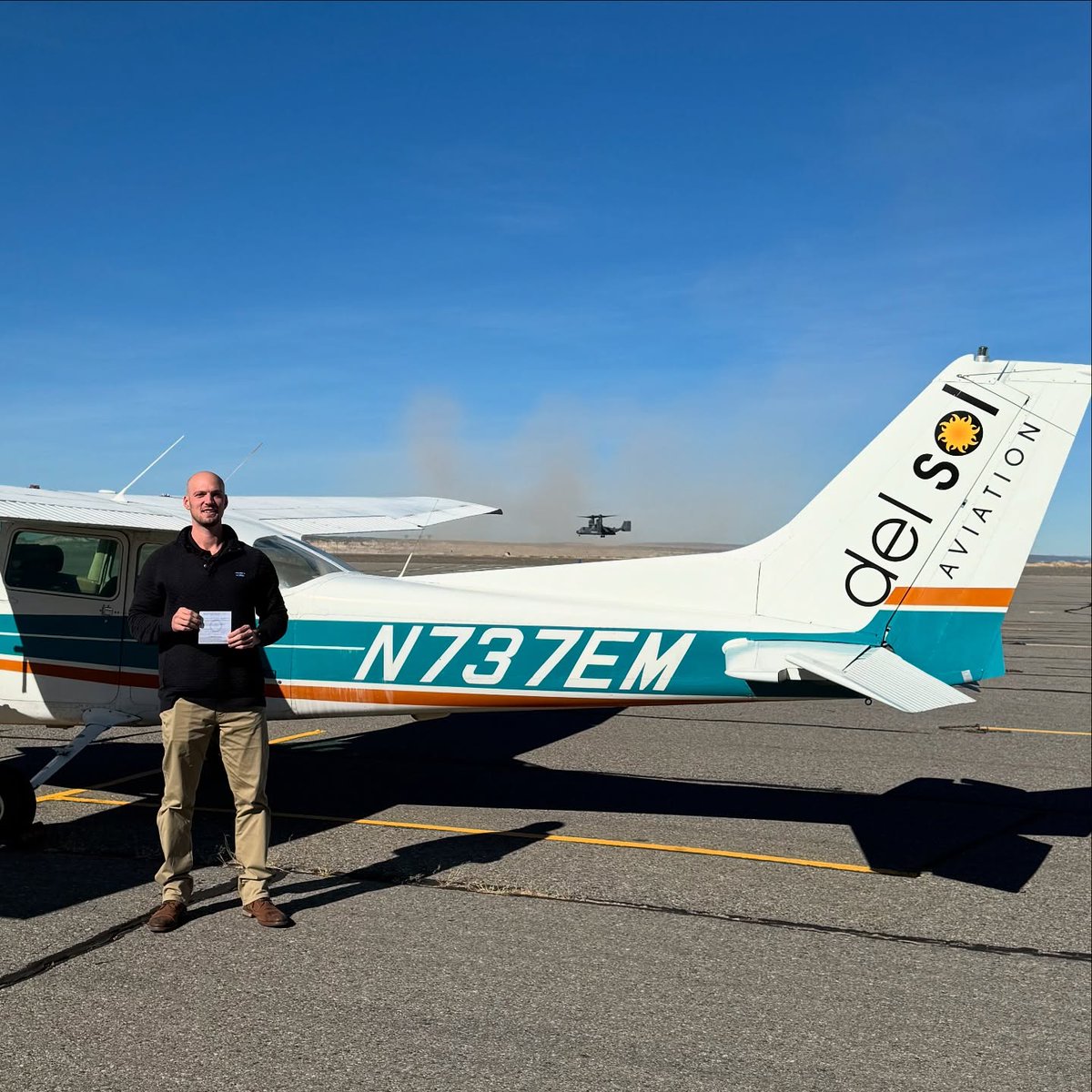 DelSolAviation's tweet photo. Congratulations to Gerhardt Shafer on TWO checkride passes!! Instrument add on and your Commercial single engine in record time at Del Sol! CFII Danny Edwards and CFII Tyler Daniels 
@rtag_nation
Curious about the Rotor transition program 
Give us a call 505.242.2701 
#rtag #rtagnation #flydelsol #breakturn #skillbridge #rotortofixedwing #fixedwing #careerpathpilots #flightschool #flighttraining #pilottraining #flightlessons #learntofly #cessnapilot #studentpilot #aviationnation #delsolnation #cessnation #cessnalovers #aviationlovers #Airforce #USAF #H60